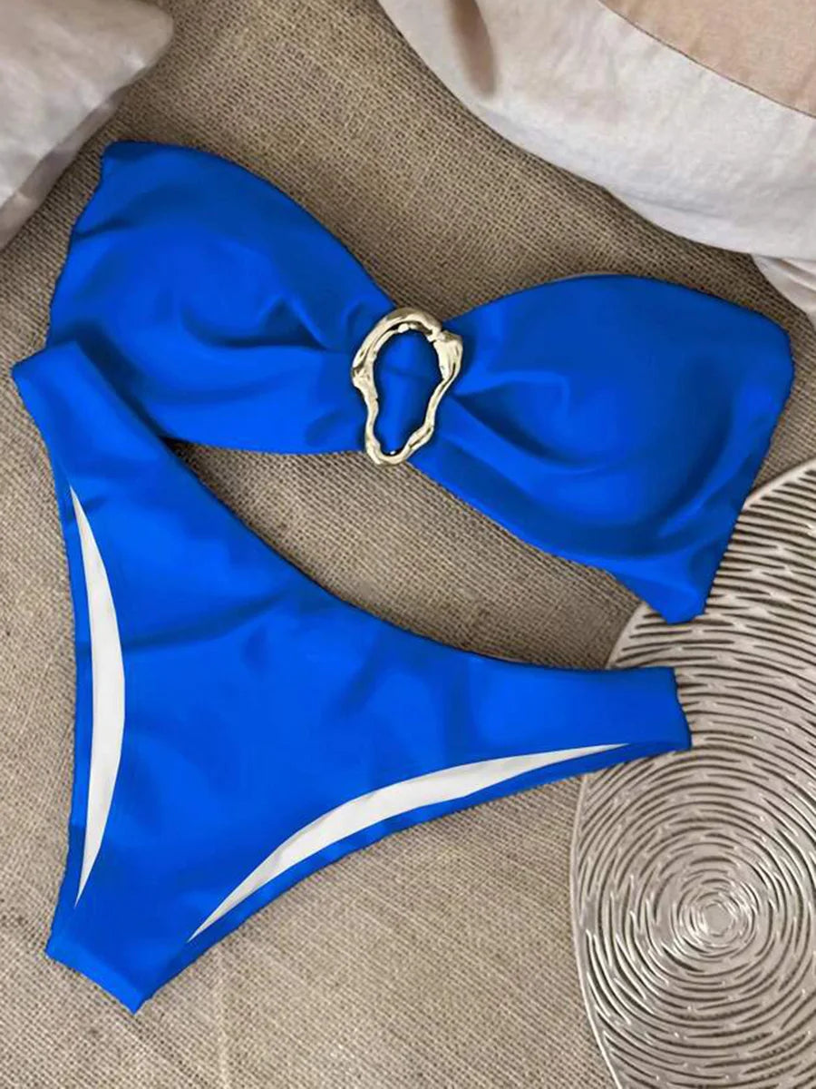 XS - L Metal Ring Bandeau Bikini Women Swimwear Female Swimsuit Two-pieces Bikini set Brazilian High Cut Bathing Suit Swim Lady