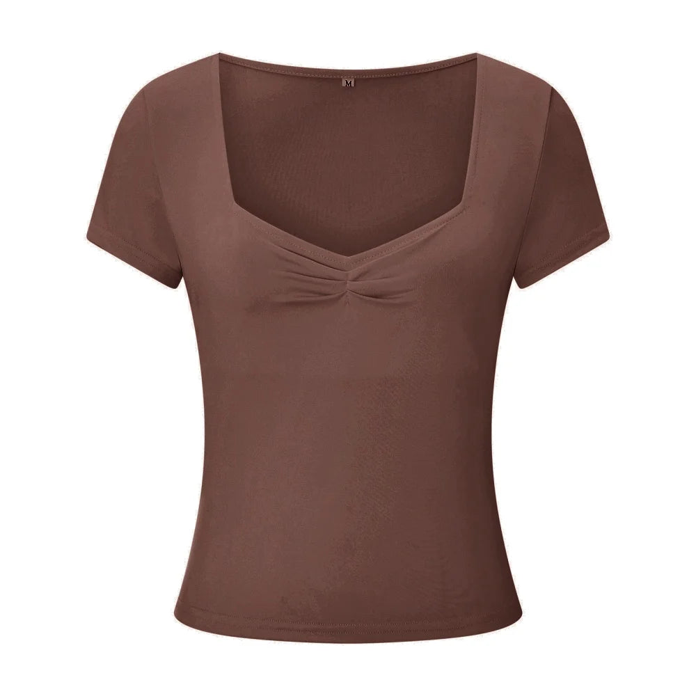 New Women T-shirt Summer Solid Color Short Sleeve Square Neck Slim Fit Crop Tops Casual Elegant Basic Tee Shirts