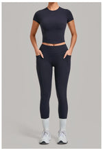 Women's Seamless Yoga Sets Sports Fitness Hip-lifting High Waist Pants Slim Fit Short-sleeve Suits Workout Running Training Sets