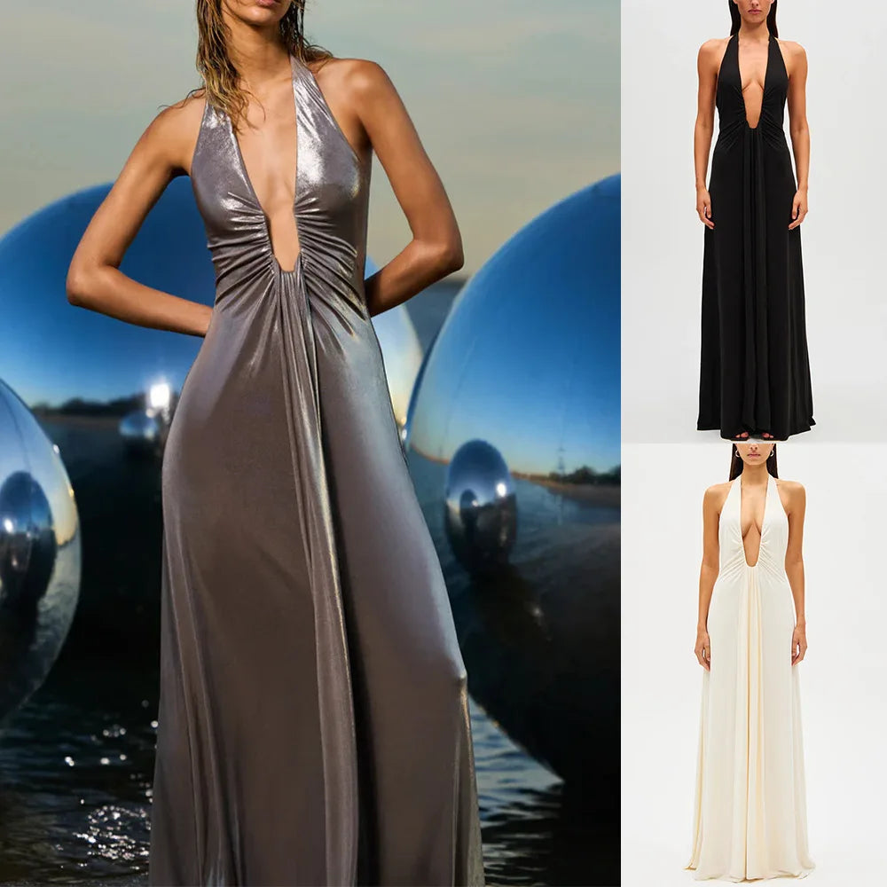 Sexy Deep V Halter Neck Long Dress Women Elegant Bandage Patchwork Luxury Evening Dresses Solid Color Hot Girls Party Vestidos