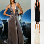 Sexy Deep V Halter Neck Long Dress Women Elegant Bandage Patchwork Luxury Evening Dresses Solid Color Hot Girls Party Vestidos
