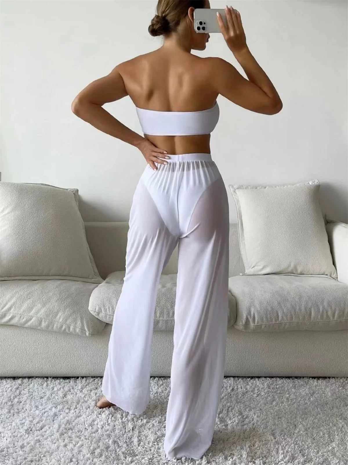 Bandeau Bikini 2024 Women Sexy White Cut Out V Bra Mesh Long Panties 3 Piece Swimsuit Beach Bathing Suit High Waist Swimwear
