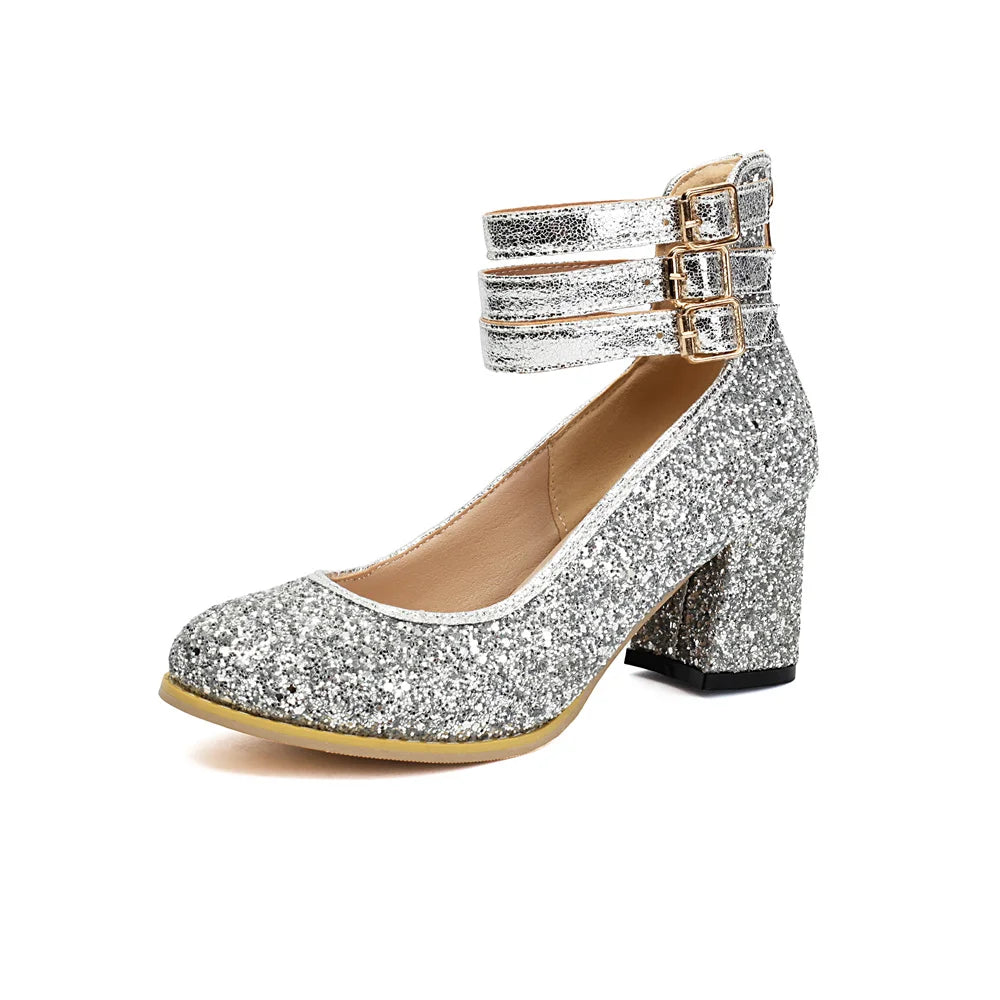 Big Size 48 Bling Sequined Silver Wedding Pumps Elegant Block High Heels Shoes Women Black Gold Glitter Ankle Strap Party Pumps
