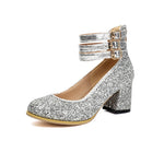 Big Size 48 Bling Sequined Silver Wedding Pumps Elegant Block High Heels Shoes Women Black Gold Glitter Ankle Strap Party Pumps