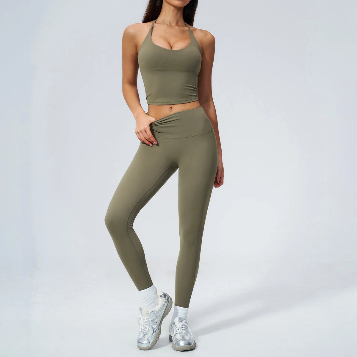 Women Tracksuit 2PCS Seamless Yoga Sets Hanging V Neck Slim Sports Tank Top Fitness Outfits Gym Running High Waist Leggings Suit