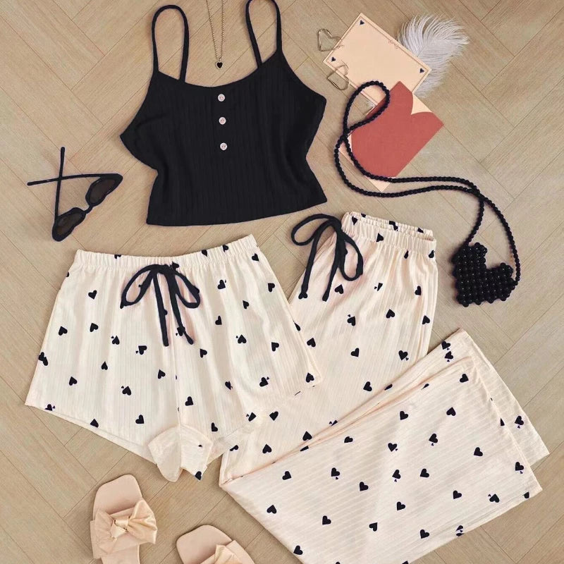 Three Piece Printed Vest Shorts and Bow Drawstring Pants Casual Women's Cute Heart-Shaped Print Paired with Home Pajamas Set
