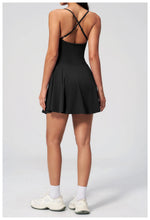Women Tennis Dress with Shorts Pocket Square Neck Hollow Back Sleeveless One Piece Sports Outfit Fitness Pleate Mini Dresses
