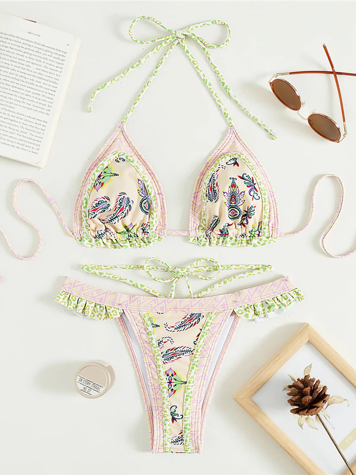 5 Colors Sexy Printed Halter Frilled Bikini Women Swimwear Female Swimsuit Two-Pieces Bikini Set Bather Bathing Suit Swim V4651