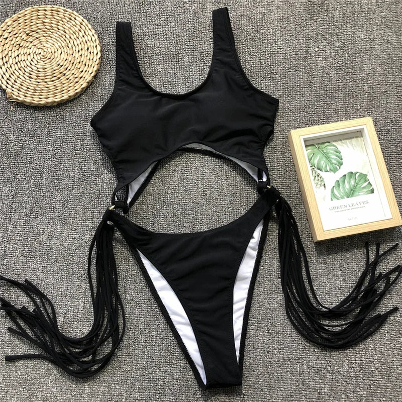 Tummy Cut Out Splicing Fringe Tassel Women Swimwear One Piece Swimsuit Female Monokini High Leg Cut Bathing Suit Swim Beach Wear