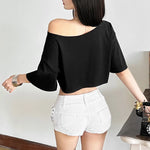 Letter Print Oversized Tees Women Skew Collar Off Shoulders Short Sleeves T-shirt Irregular Hem Hip-hop Style Trend Crop Tops