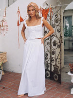 Summer Women White Cotton Dress Set 2025 Top+skirt 2 Pcs Outfit Ruffles Button Slim Top A-line Maxi Skirt Beach Casual Dress