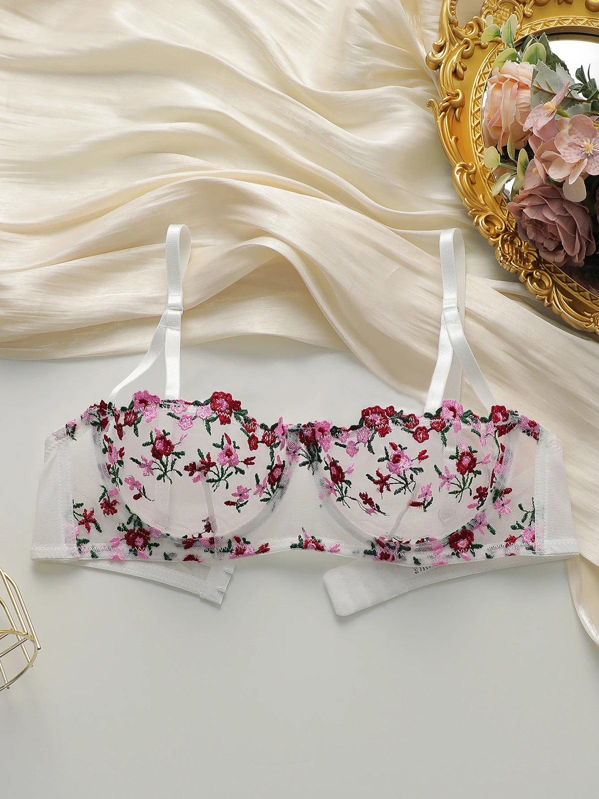 Beautiful flower embroidered bra, transparent sexy underwear with adjustable shoulder straps MR2956
