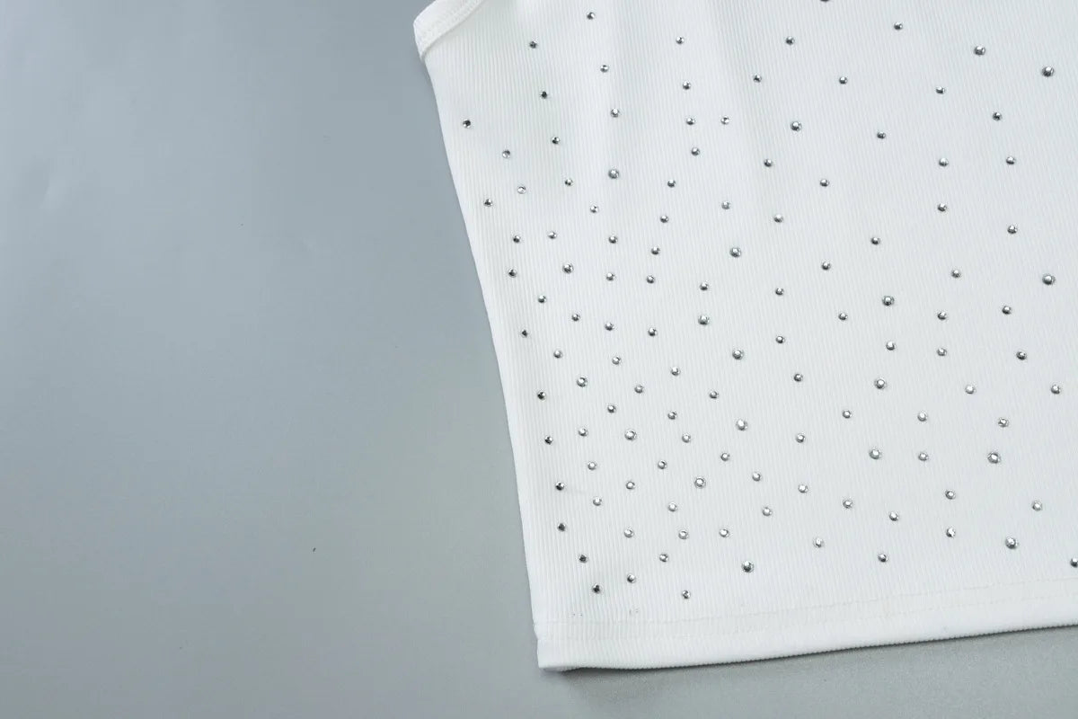 Woman Beading Rhinestones Tank Tops White Black Summer Sleeveless Corset T-shirt 2026 Casual Square Collar Crop Top Streetwear