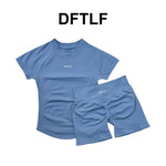 DFTLFWomen 2PCS Seamless Yoga Suit Short Sleeve Top High Waist Shorts Quick Dry Breathable Gym Fitness Running Workout Sport