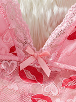 Lips Prints Pink Lace Sexy Lingerie Women See Through Babydoll Dress Slim Soft V Neck Side Opening Sleepwear Festival Gift