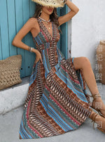 Bohemian Style Print Sleeveless Long Dresses Women Summer V-neck Backless Leace-up Slit Dress Casual Lady Vacation Vestidos