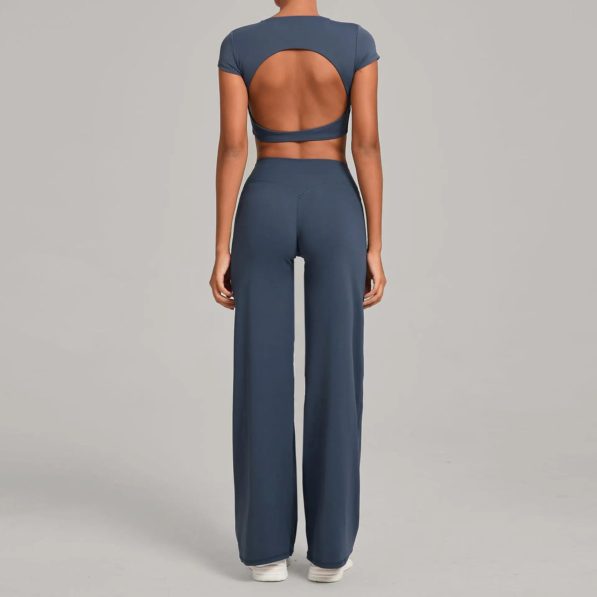 Women's Tracksuit Yoga Sets Back Hollow Out Short Sleeve Sports Shirts High Waist Straight Leg Pants Gym Running Fitness Suits