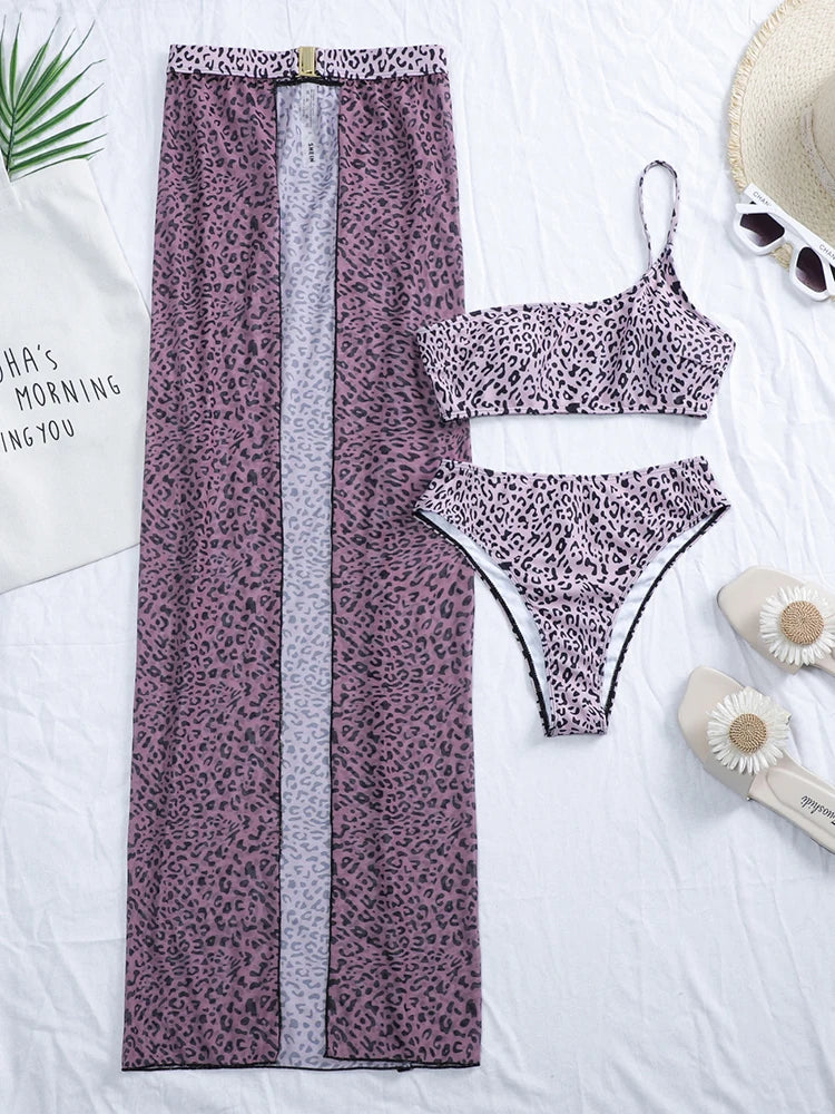 New One shoulder Bikini 2025 Female Swimsuit Women Swimwear Three-pieces Bikini set Mesh Long Skirt Beach wear Bathing Suit Swim