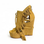 Yellow Suede Tassels Wedges Heel Platform Sandals Back Zipper Women Shoes Peep Toe Party Feast Dating 2026 Zapatos Para Mujere