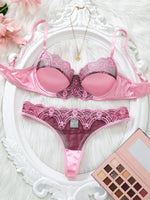 Soft breeze pink satin lace lingerie set - gathered half-cup bra thong set - sexy and comfortable lace trimmed lingerie ZA825289