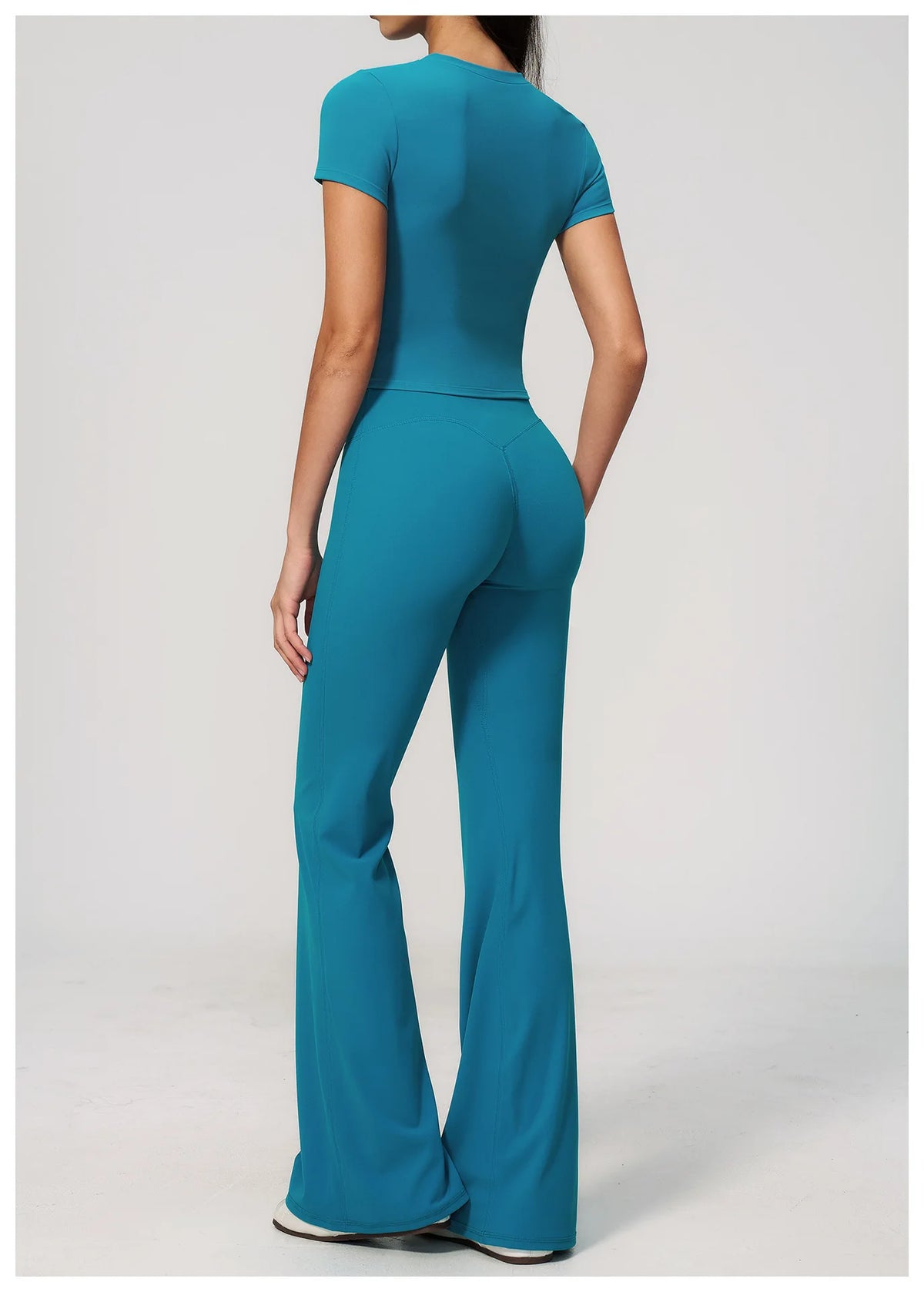 Creamy 2 Pieces Workout Suit Women Yoga Outfits Short Sleeve O Neck Slim Sports T Shirts High Waist Flare Pants Gym Fitness Sets