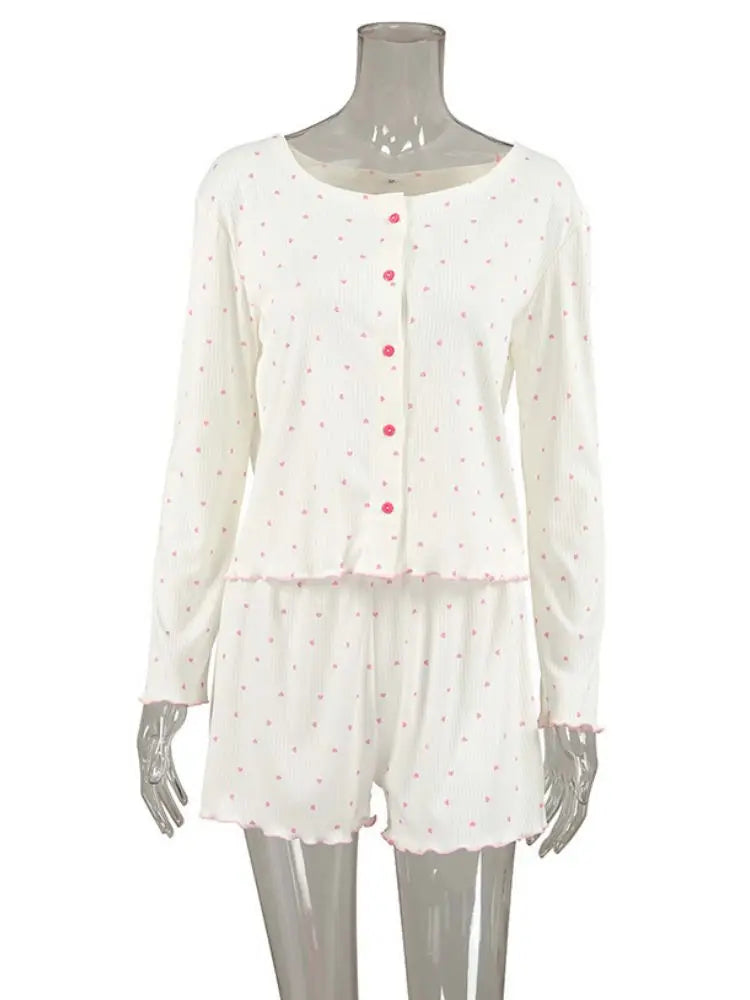 Women's Pajamas Set Soft Comfortable Knitted Long Sleeve Top Shorts Loungewear Heart Print Comfortable Homewear