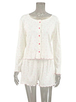 Women's Pajamas Set Soft Comfortable Knitted Long Sleeve Top Shorts Loungewear Heart Print Comfortable Homewear