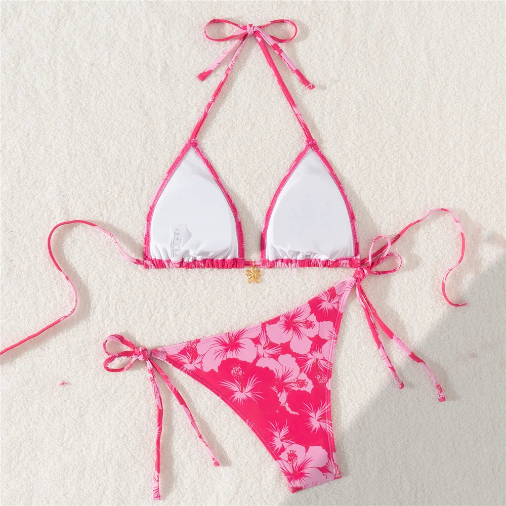 Sexy Rose Red Flower Print Micro Thong Bikini Women Swimwear 2026 String Halter Swimsuit Swimming Wear Triangle Bikinis Sets