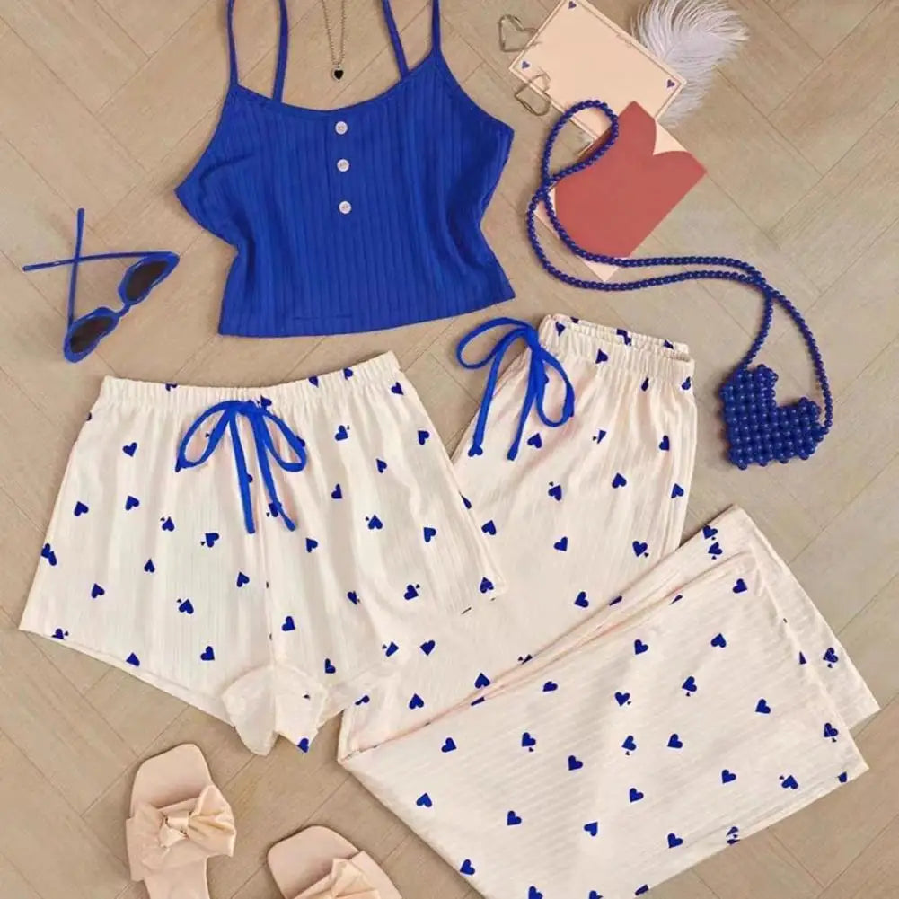 3 Pcs/Set Women Pajamas Suit Sleeveless Backless Heart Printing Elastic Waist Shorts And Pants Slip Top Summer Sleepwear