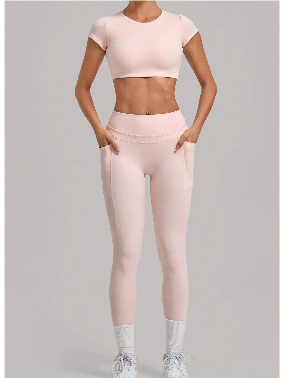 Yoga Set Women's Tracksuit Short Sleeve Back Hollow Out Sports Top Athletic Wear Tight High Waist Pocket Leggings Fitness Suits
