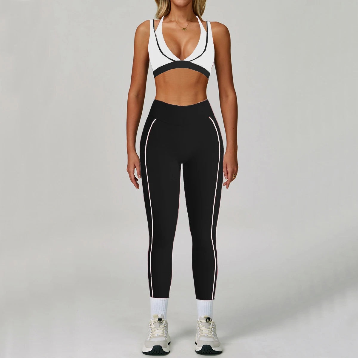 Pad 2PCS Yoga Set Sports Bras V-Neck Halter Pocket Fitness Workout Running Leggings Gym Woman Active Wear Clothing XP26