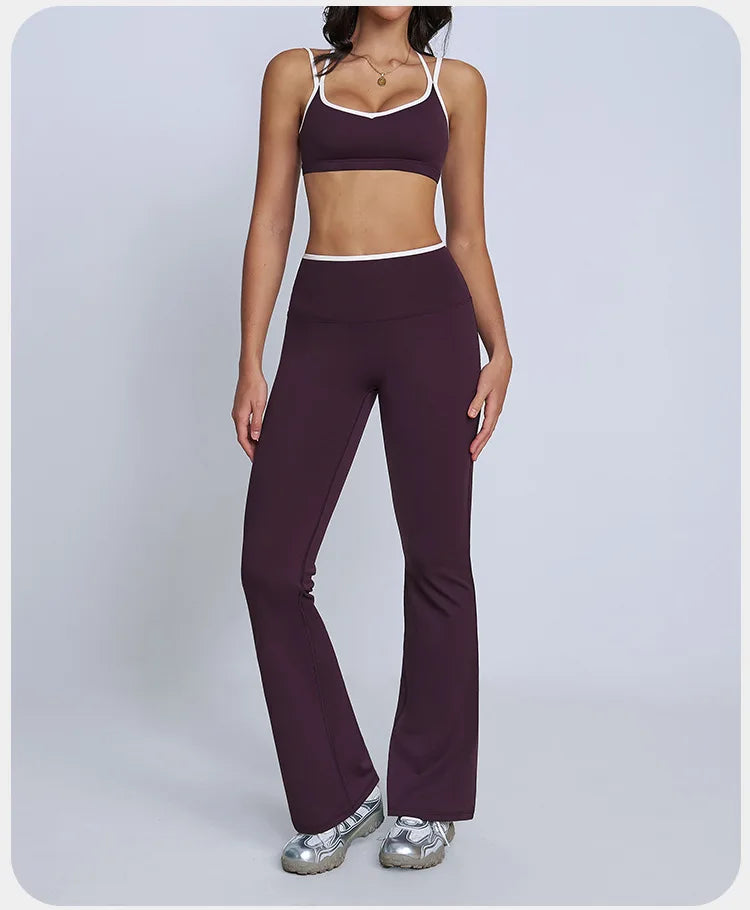 Tight Naked Yoga Shorts Suit Women Double Strap Sports Bra High Waist Flare Leggings Fitness Suit Gym Running Workout Clothes