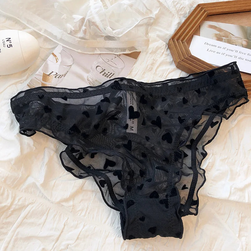 New Sexy Lace Women's Panties High Quality Flocking Peach Heart Underwear Breathable Mesh Briefs Low Waist Female Underpants