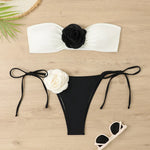 Sexy Bikini Set 2025 Bandeau 3D Flower White Black Contrast Push Up Micro Swimsuit Brazilian Cut Out Bathing Suit Thong Swimwear