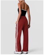 New Contrasting Striped Yoga Sets Women Hanging Neck Slim Sports Vest Gym Outfits High Waist Pocket Pants Running Fitness Suits