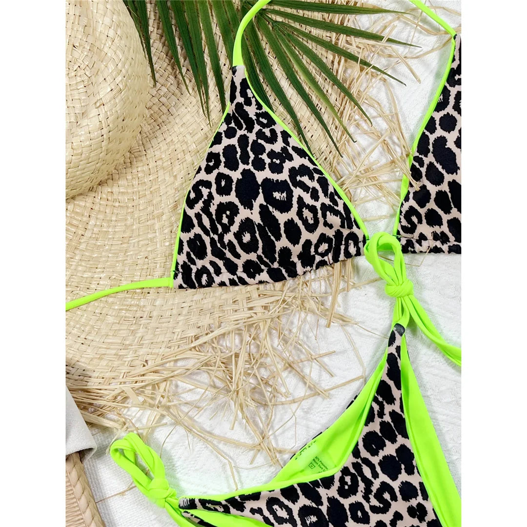 Sexy Leopard Printed Halter Brazilian Bikini Women Swimwear Female Swimsuit Two-Piece Bikini Set Bather Bathing Suit Swim V3681