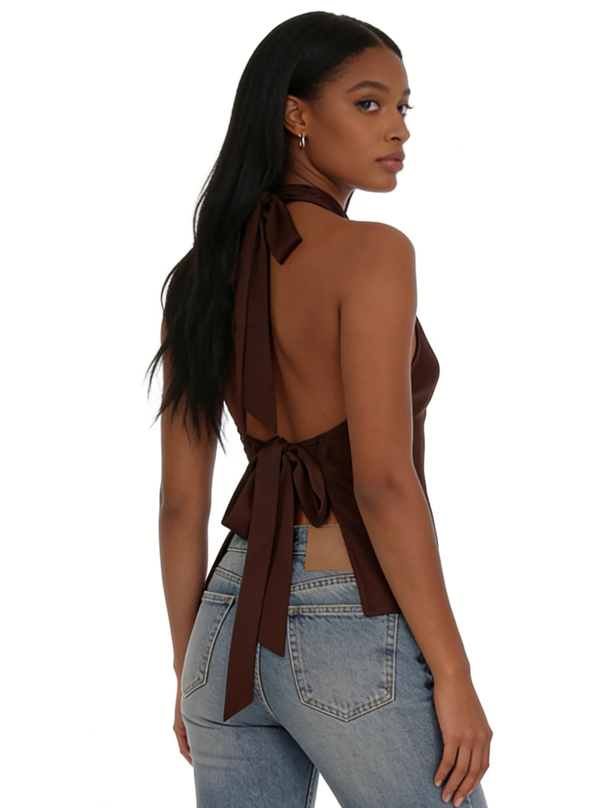 Women Halter Cowl Neck Tank Tops Slim Solid Color Satin Sleeveless Backless Vest for Going Out Party Club
