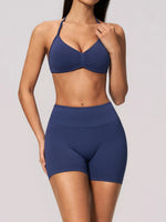 Seamless Yoga Suit Women Exposed Back Pleate Sports Bra High Waist Shorts Fitness Sets Outdoor Running Athletic Wear Tracksuit