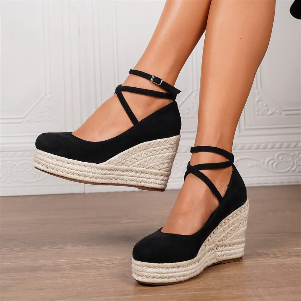2025 Comfy Walk Big Size 43 Summer Bohemian Espadrilles Platform Pumps Cross Strap Chunky High Heels Wedges Shoes Women
