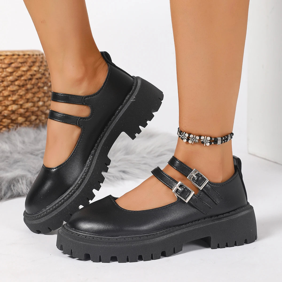 Women Double Strap Mary Janes Faux Leather Lug‑Sole Round‑Toe Vintage Preppy JK Platform Buckle Casual Daily Shoes