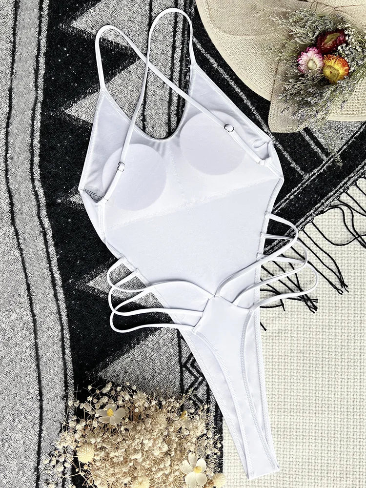 Sexy Extreme G String Thong Women Ribbed Swimwear One Piece Swimsuit Female Cross Backless Monokini High Cut Bathing Suit Swim
