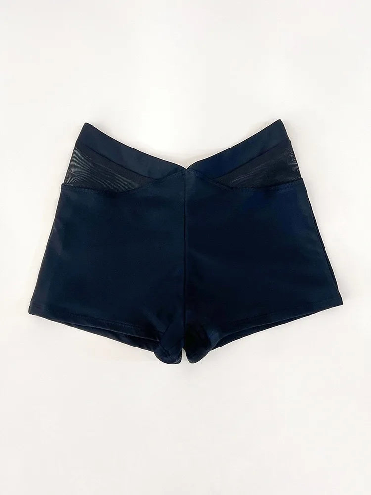 New Women Sexy Solid Ruched Bikini Bottom Mesh Sides High Waisted Two Piece Separate Elastic Flat Leg Swimming Shorts Sale