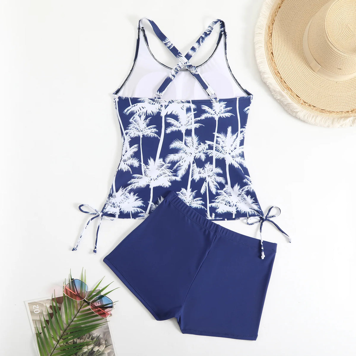High Waist Swimwear Women 2025 New Two Pieces Swimsuit with Shorts Coconut Palm Print Tankini Set Summer Bathing Suit Trunks