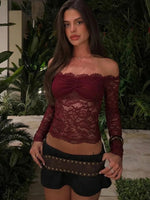 FDYOUI 2026 Spring Summer Wine Red Lace T-shirts for Women Slash Neck Slim Crop Tops Sexy Elegant See-through Short Tee Shirt