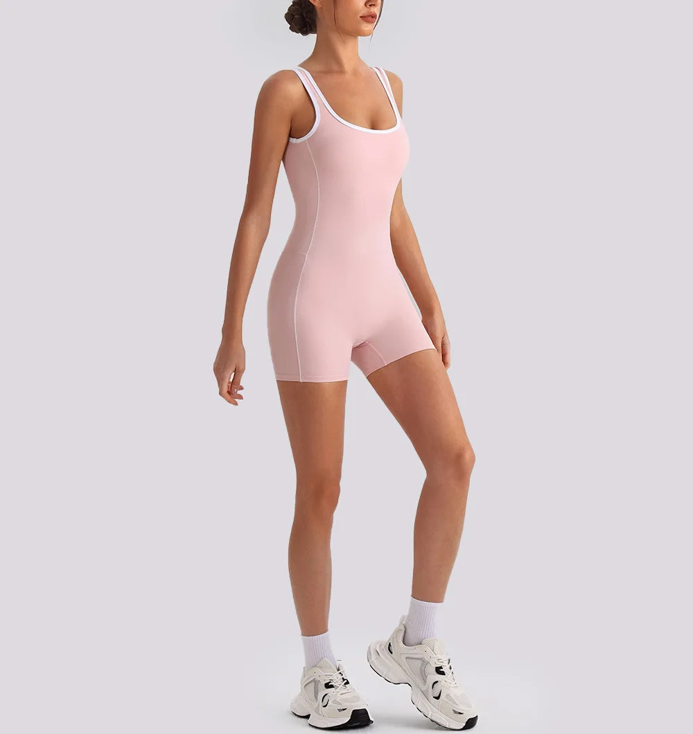 Sexy Sleeveless Backless Scrunch Yoga Jumpsuit Women Color-block U Neck Slim Sports One Piece Suits Tight Fitness Gym Overalls
