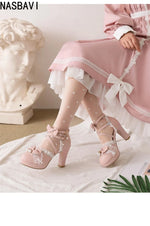 New Lolita Japanese Pearl Bow Sweet Cute Strap 9cm High Heeled Round Head Student Shoes Girls Vintage Sandals Single shoes 33-46
