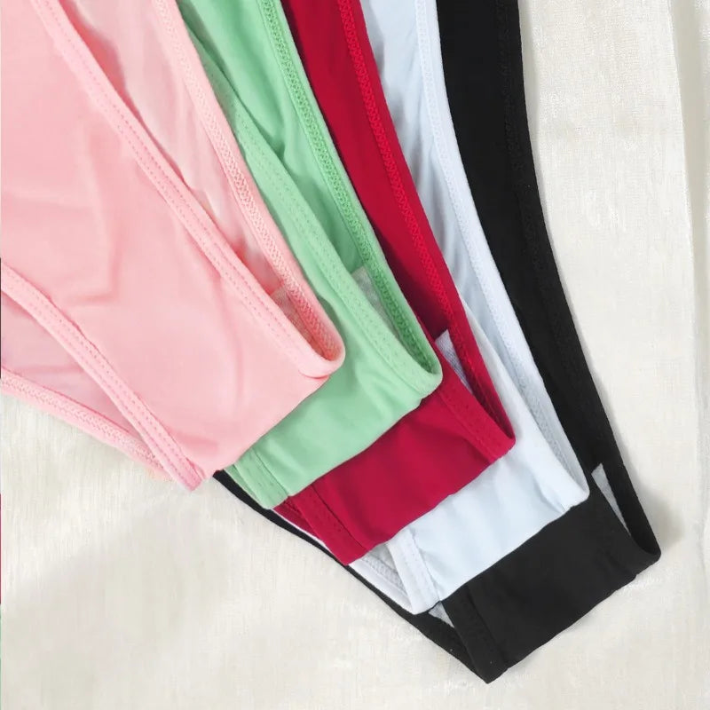 5pcs Women's New Trendy Triangle Panty Multi-Color Set Satin Silky Fabric Silver Ribbon Metal Decoration Breathable Underwear