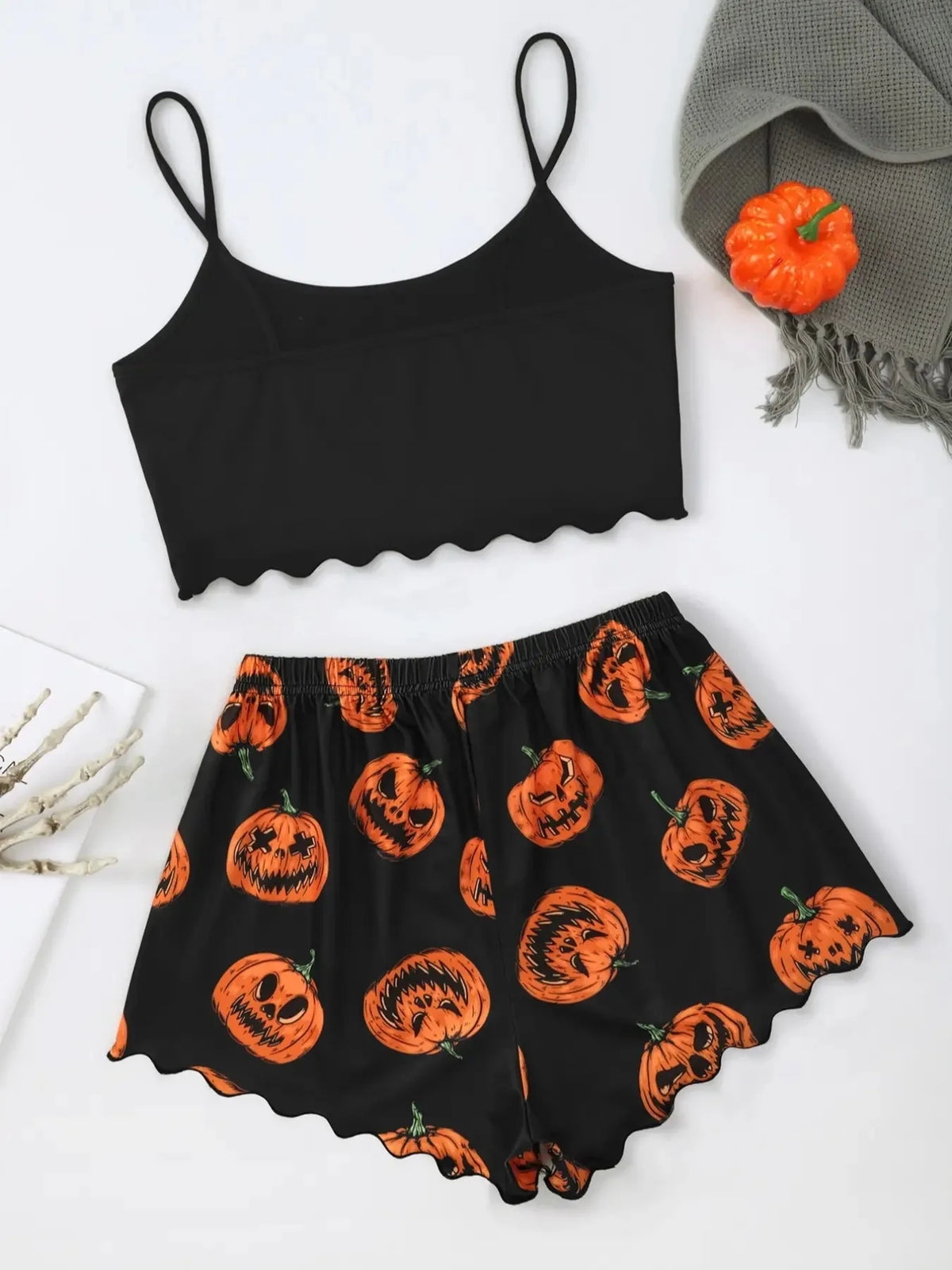 Halloween Devil Pumpkin Print Pajamas Set for Women Sleepwear Short Sleeve Tops and Shorts Set Underwear Nightwear