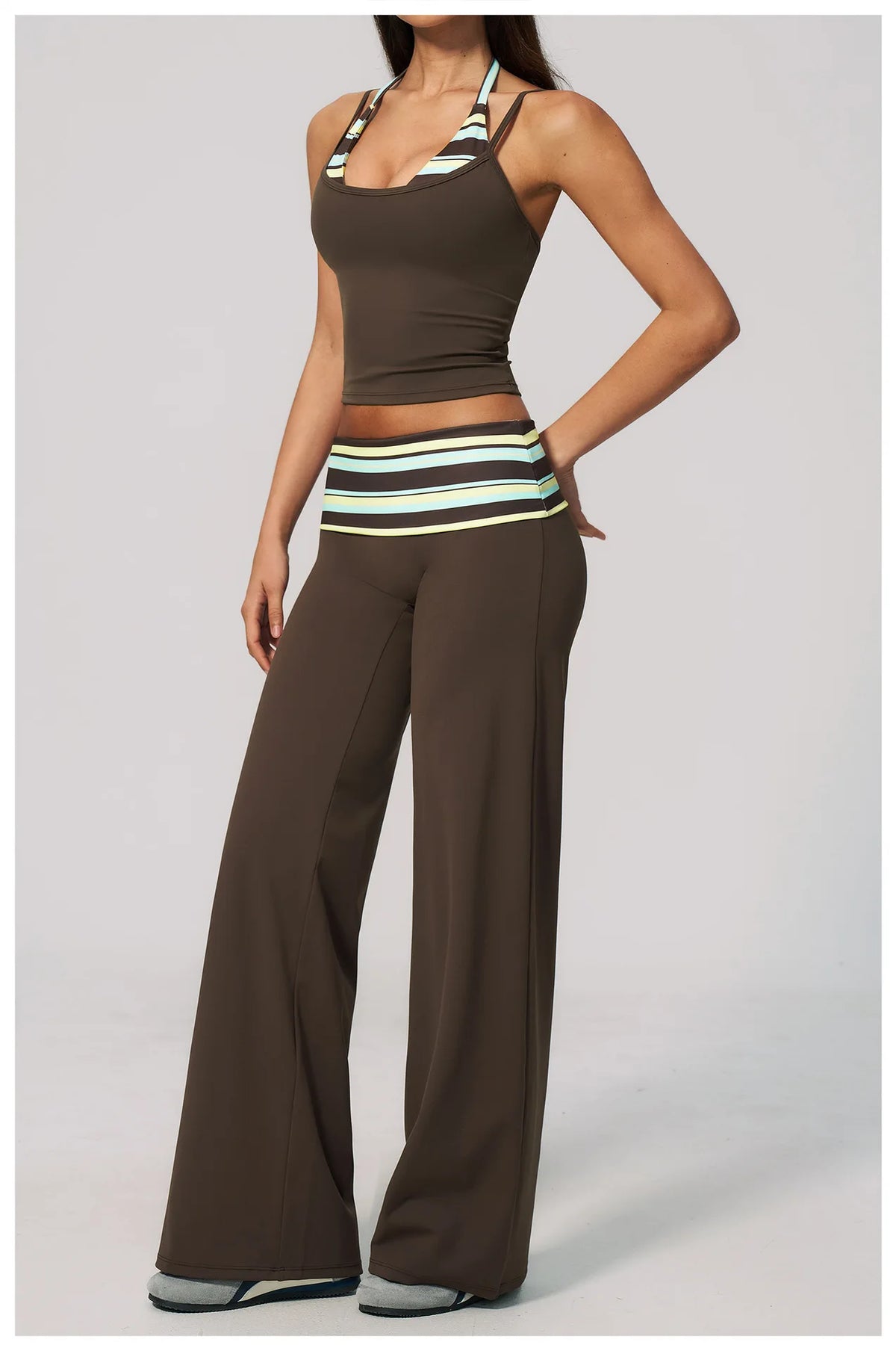 Women's 2 Piece Yoga Set Halter Neck Crop Top Fold Over Waist Wide Legged Flare Trousers Polka Dot Striped Gym Workout Running