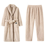 Men Women Jacquard Coral Fleece Bathrobe Autumn Winter Thick Warm Couple Sleepwear Soft Plush Loose Indoor Home Loungewear